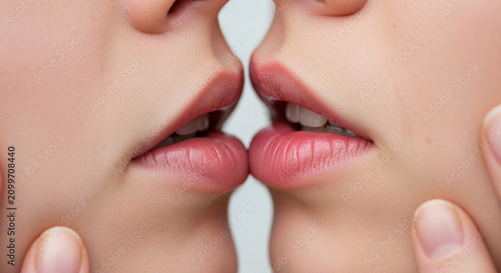 Naklejka premium Close-up of Two Pairs of Pink Lips Almost Touching in Intimate Kiss Moment