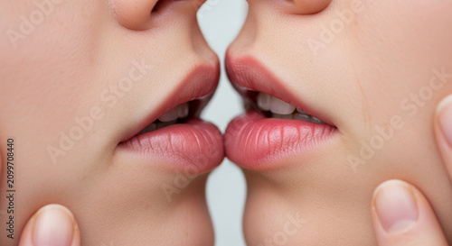 Close-up of Two Pairs of Pink Lips Almost Touching in Intimate Kiss Moment