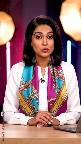 A professional female news anchor presents from a modern studio
