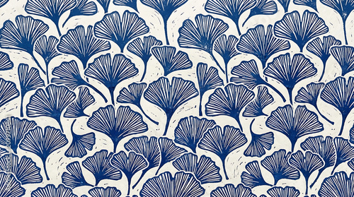Indigo blue ginkgo leaves pattern on textured off white background