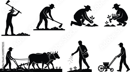 Принти на полотні Traditional farming silhouettes with farmers planting seeds and cultivating soil
