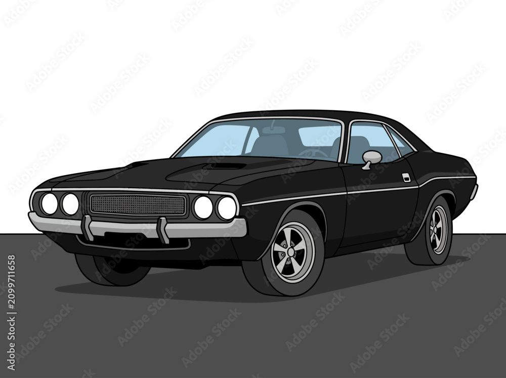 Naklejka premium Classic Black Muscle Car Vector Illustration - 1970s Retro Sports Coupe
