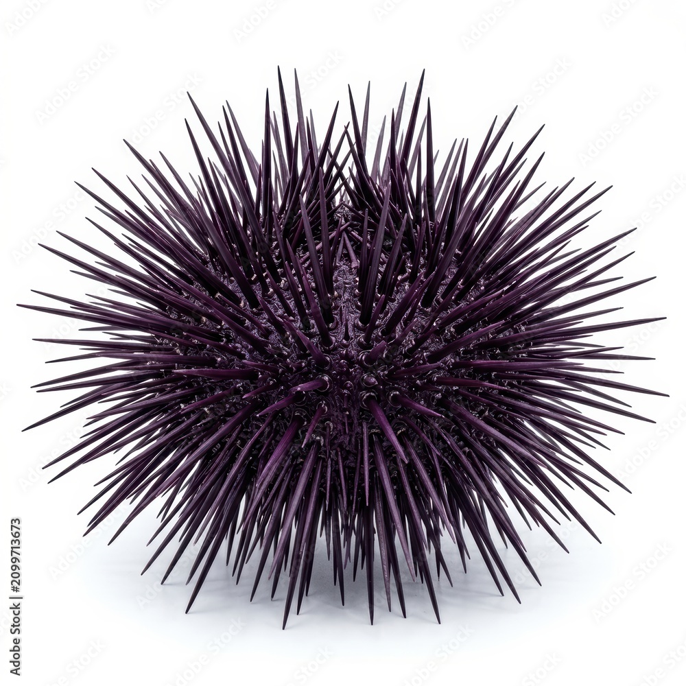 Obraz premium Close-up of a Spiky Sea Urchin with Sharp Spines on White Background.