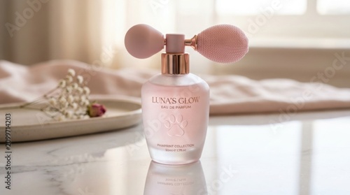 Pink perfume bottle with paw print. Elegant fragrance spray for pet lovers and beauty.