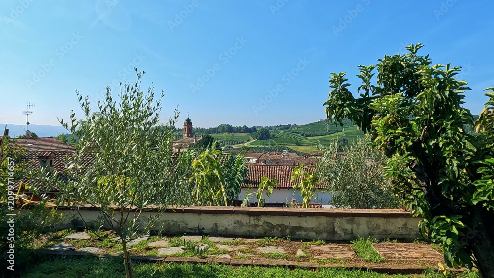 Obraz premium Scenic View of Italian Village and Vineyards in Monticello d'Alba