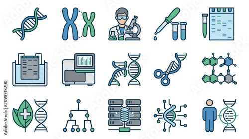 Foto Corporate Set Featuring Modern Genetics Bioinformatics and Medical Research Icon