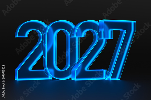 Neon 2027 new year on dark background. 3D illustration
