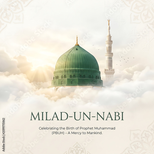Milad un nabi celebration with mosque dome above clouds with depicts serene scene green domed mosque rising above fluffy white clouds tall white minaret right