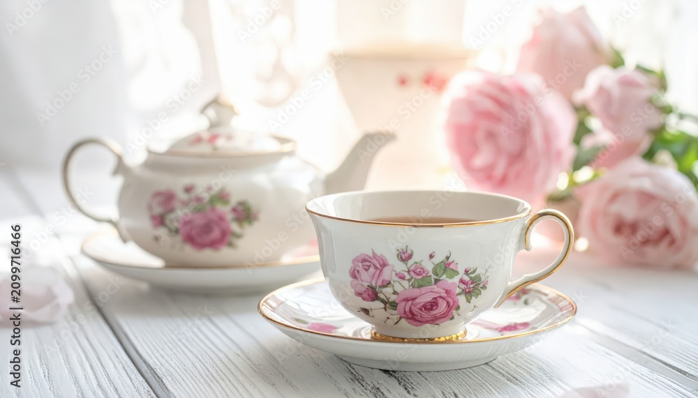 Fototapeta premium Elegant Vintage Teaset Ceramic showing a Delicate Porcelain Teapot Rimmed Cup and Pink Rose Petals for Shabby Chic Brunches