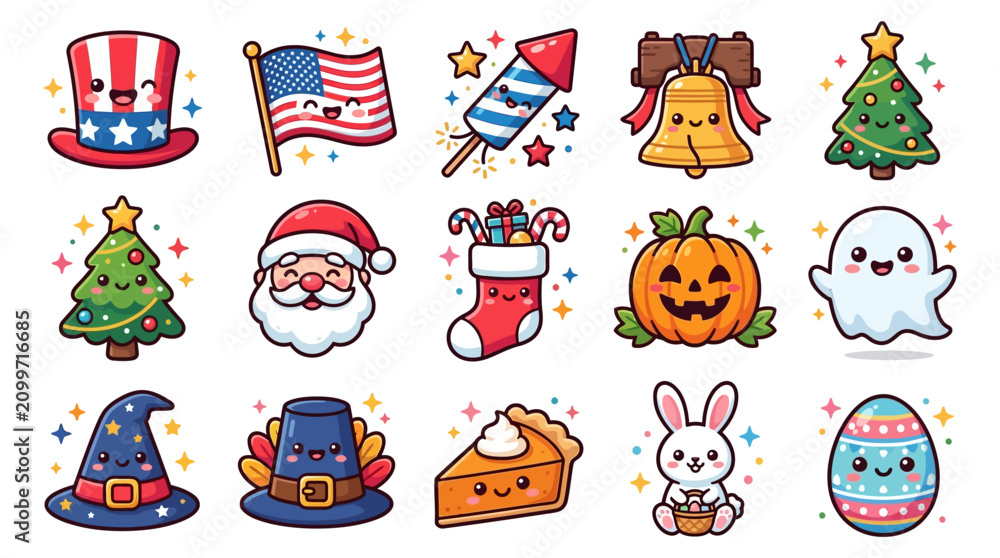 Fototapeta premium A festive holiday scene with icons of Christmas tree, Santa Claus, pumpkin, ghost, and Easter egg.