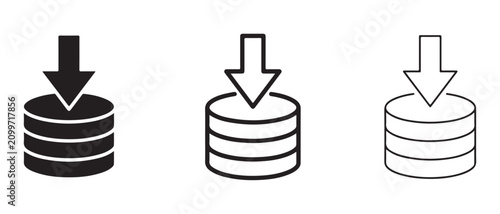 Database download icons set in black and white  data storage and transfer symbols  information and technology concepts  download and save data
