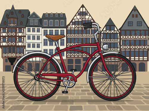 Vintage Red Bicycle Parked in a European Old Town Street Vector Illustration
