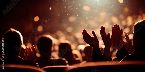 Audience applauding at a concert with bright lights and bokeh effect.
