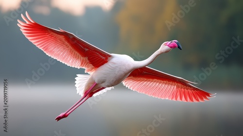 Stunning pink flamingo in flight with wings fully spread