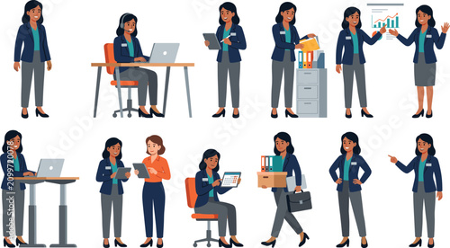 Foto Modern business woman character vector illustrations performing various office t