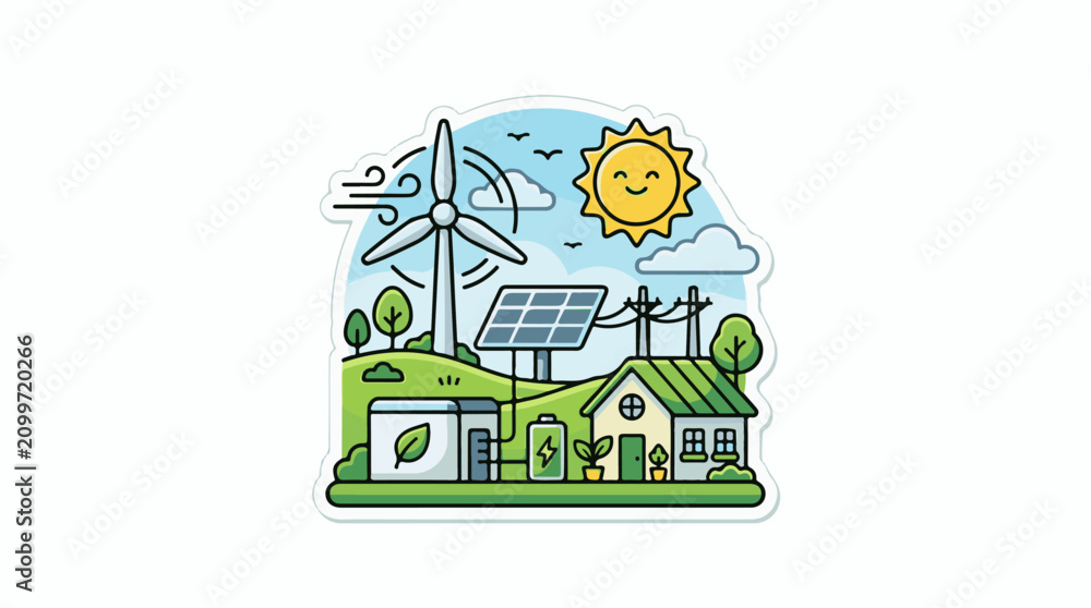 Naklejka premium Eco-friendly house with wind turbine solar panels and battery storage