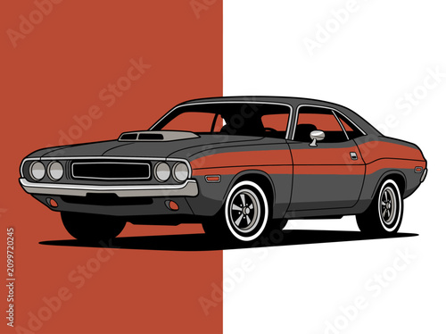 Картината върху платно Vintage American Muscle Car Vector Illustration on Split Red and White Backgroun