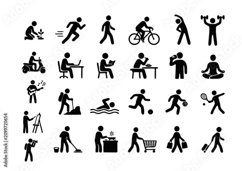 Collection of stick figure icons representing diverse human activities and daily life scenarios, including exercise, work, hobbies, and leisure