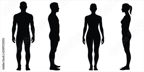 Foto Black silhouette of male and female figures in full body views: front, side, and back profiles
