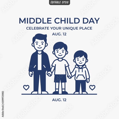 The flat design for a Middle Child Day poster focuses on simplicity, elegance, and ease of recognition. Vector Illustration