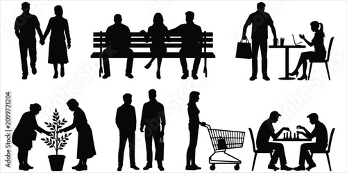 Photos Collection of nine diverse silhouette scenes of people engaged in various activi