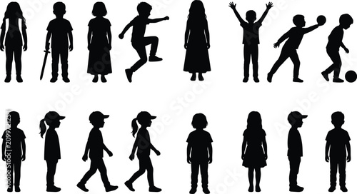 Children Silhouette Collection with Playful Activities Standing Walking and Sports Poses