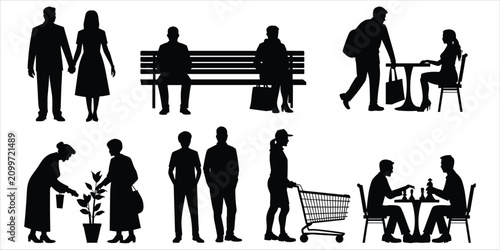 Cuadro en lienzo Diverse silhouettes of people engaged in various everyday activities, including