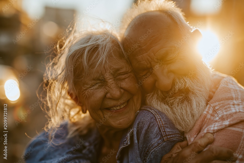 Fototapeta premium Senior couple in a tender embrace with golden sunset, showing glowing skin and joyful expressions for elderly relationship and love concepts