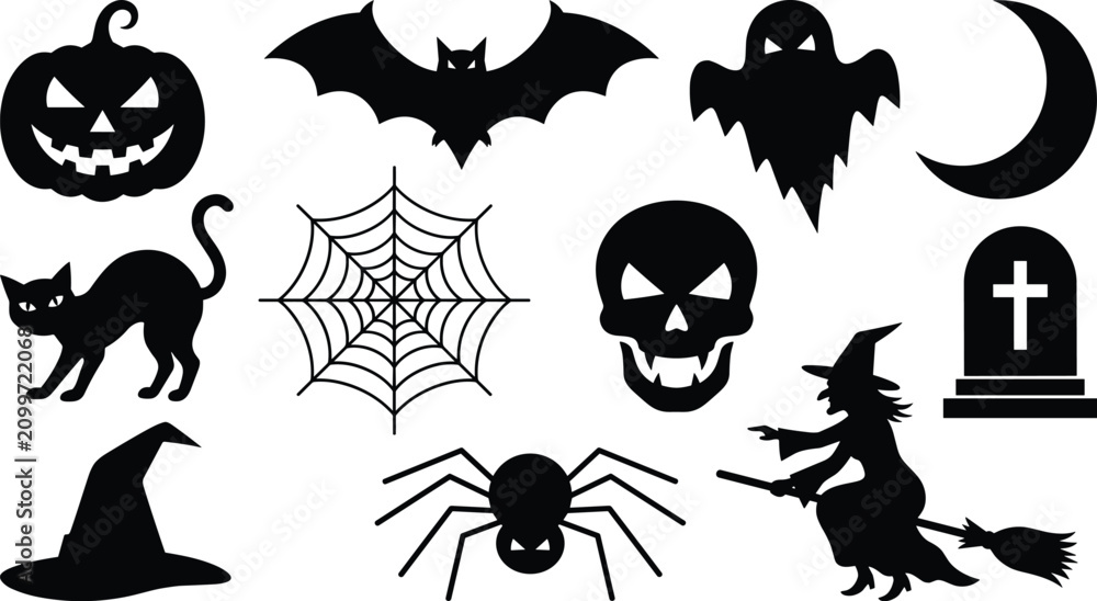 Fototapeta premium Halloween Silhouette Icons Collection with Witch Bat Ghost Pumpkin and Spider