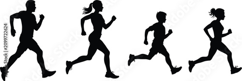Silhouettes of four individuals, two adults and two children, running in profile against a white background