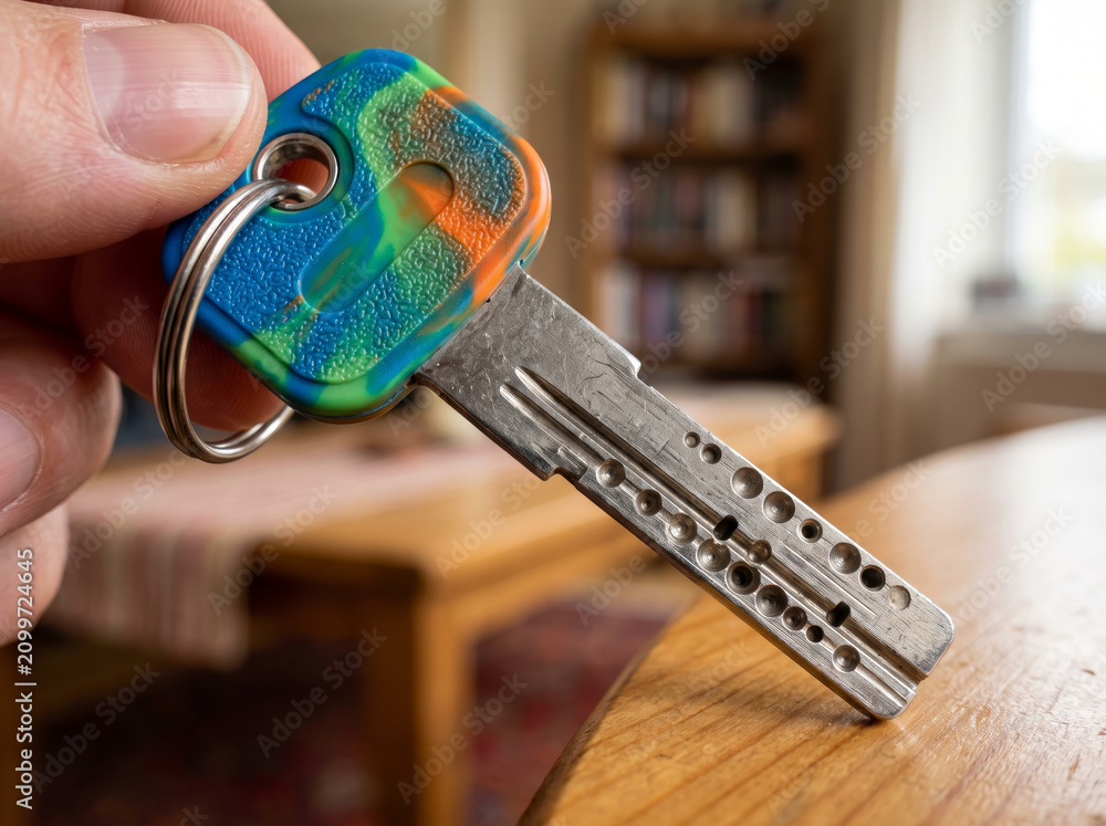 Obraz premium Hand holding colorful customized metal door key