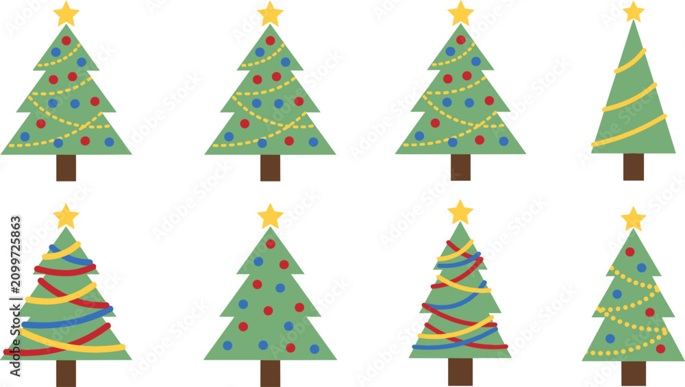 Obraz premium Minimalist Christmas Tree Vector Icon Set with Festive Garlands Ornaments and Golden Stars for Holiday Greeting Cards and Winter Celebration Designs
