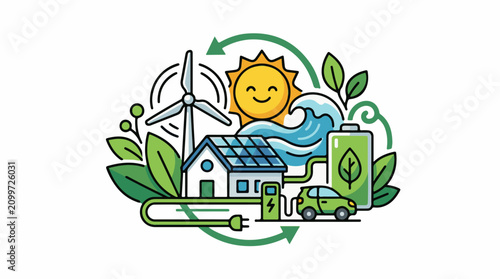 Eco-friendly renewable energy sources power a home and electric car