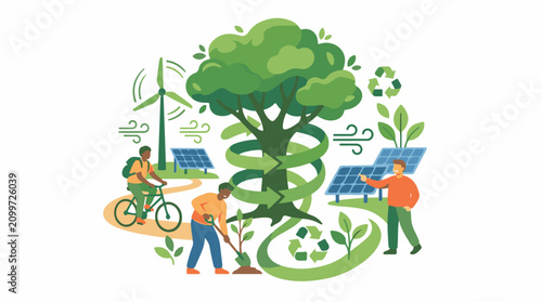 Eco-friendly scene with people renewable energy and planting