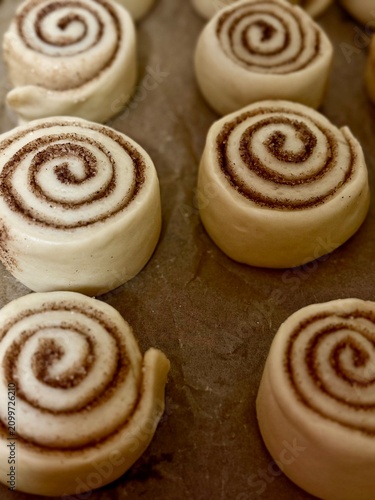Unbaked cinnamon rolls with spiral swirl pattern arranged on parchment paper rea