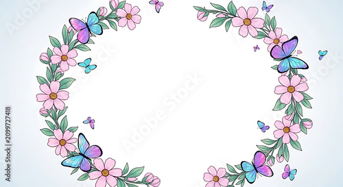 Delicate pink floral border with blue and purple butterflies on light blue background flowers