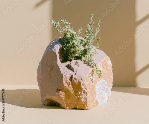 Textured rock podium with fresh green herbs on a beige background with window shadows for organic product display and mockup
