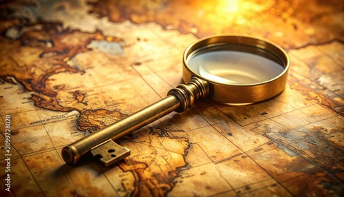 Vintage brass magnifying glass on old parchment map.