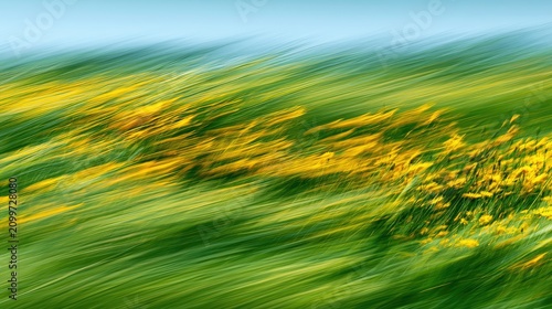 Abstract impression of yellow flowers in green grass blowing in wind