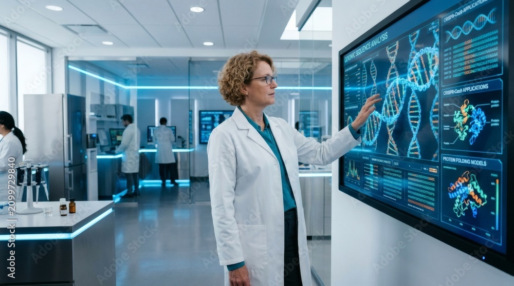 Fototapeta premium Female scientist in laboratory setting interacting with DNA sequence on screen.