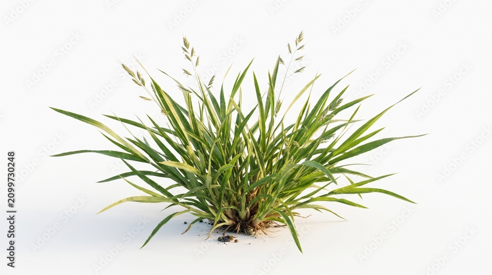 Fototapeta premium Fresh green ryegrass cluster with tall blades and seed heads against clean white background with captured sharp detail against pristine white backdrop natural clean aesthetic appeal