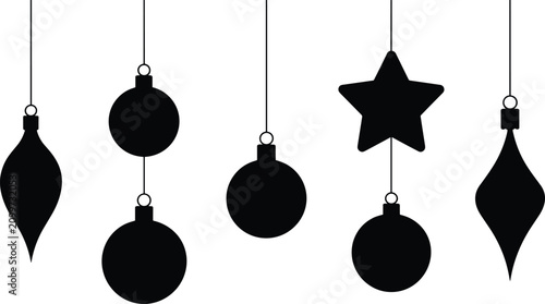 Foto Assortment of five black silhouette christmas ornaments hanging by strings again