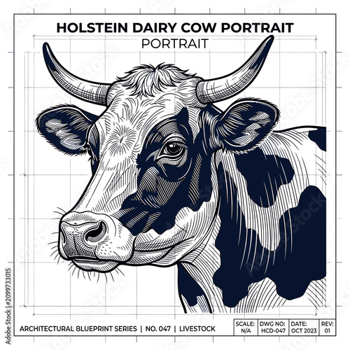 Holstien Dairy Cow Portrait Blueprint Illustration