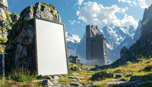 Mysterious Monolith in Alpine Mountain Landscape Scene.