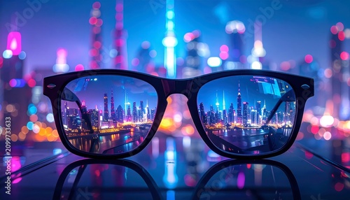 Sunglasses Reflecting Vibrant City Skyline at Night.