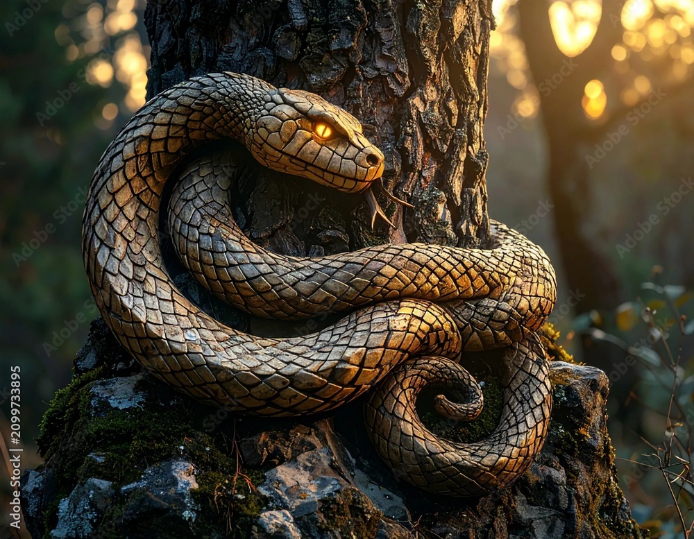 Obraz premium Majestic Serpent Coiled Around Ancient Tree Trunk in Enchanted Forest.