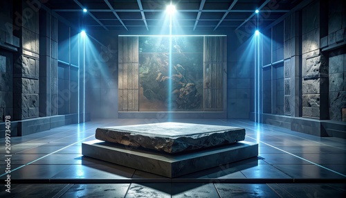 Futuristic glowing platform in dark stone chamber.