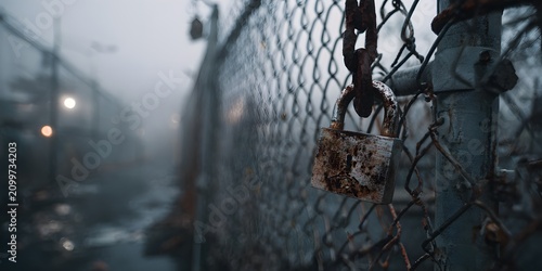 Creepy doll hanging on a chain-link fence in a foggy, desolate urban environment.
