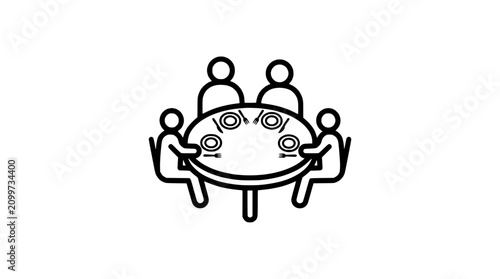 Abstract depiction of people around a circular table with plates and cutlery, representing gathering and dining.