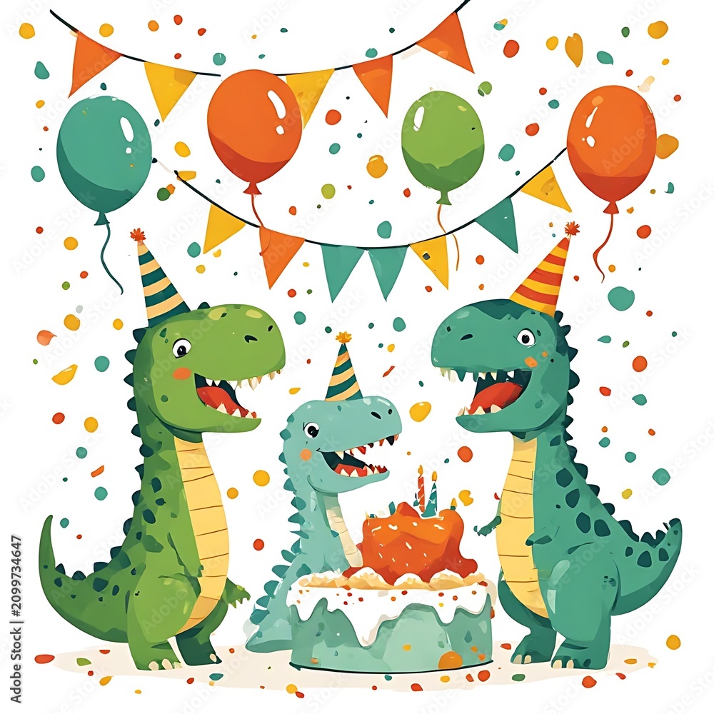 Naklejka premium happy birthday card with funny animals dinosour theme